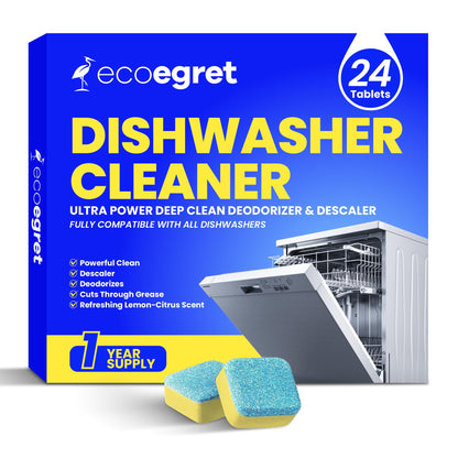 EcoEgret Dishwasher Cleaner Tablets (24 Count) - with Fresh Lemon Scent Dishwasher Cleaner and Deodorizer, Deep Cleans & Descales, Fits All Dishwashers, Septic Safe, 12 Month Supply