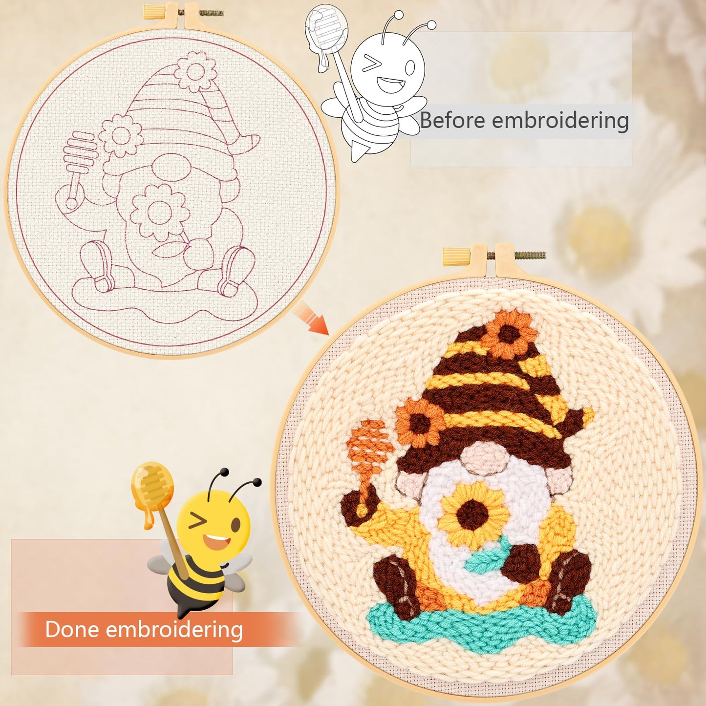 JSRQT Honey Gnomes Punch Needle Kit for Beginners, Punch Needle Embroidery Starter Kit for Adult Kids, DIY Cross Stitch Rug Hooking Craft Beginners Kit with Tools for Home Decor