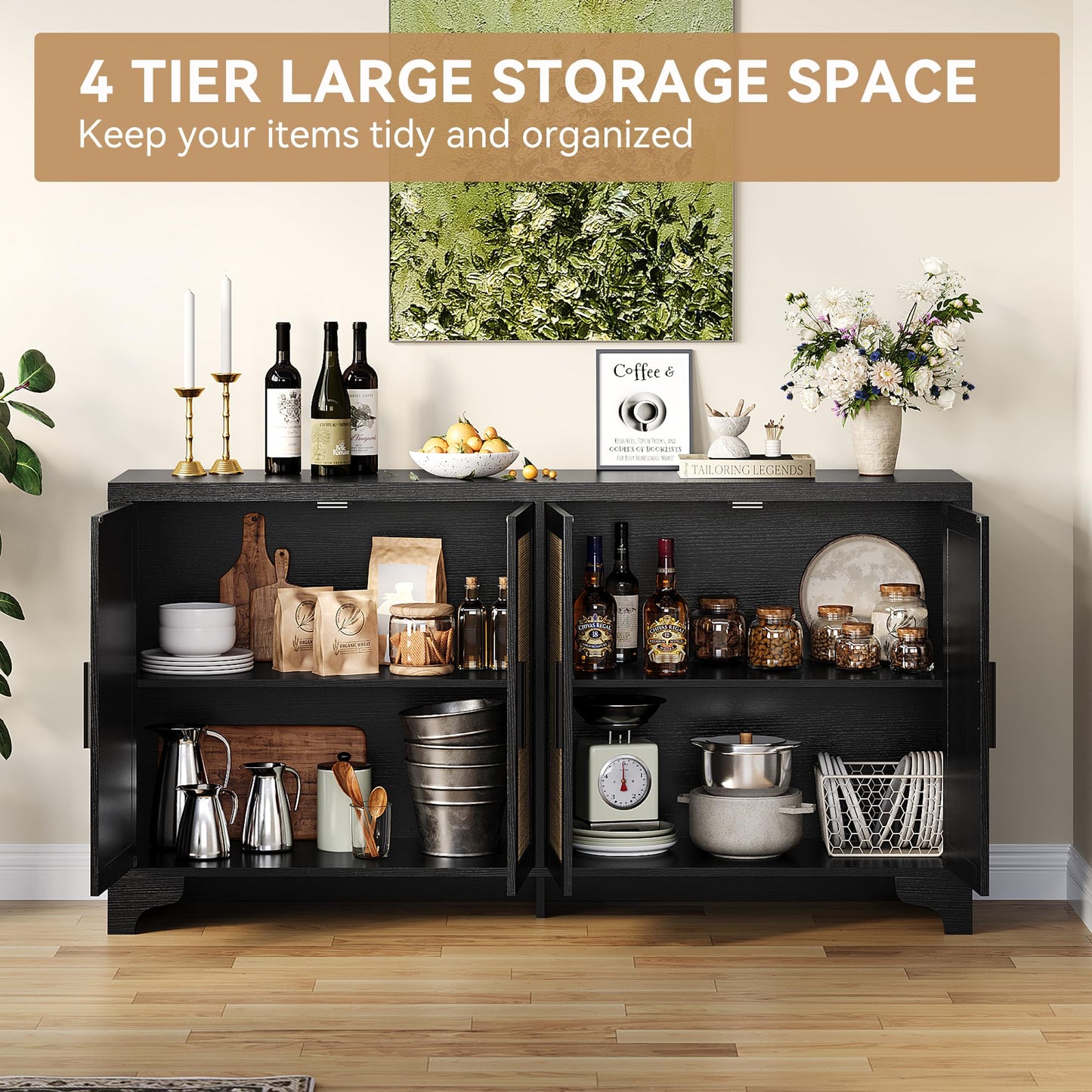 Garvee Natural Rattan Storage Cabinet with Shelves, 4-Door Sideboard Buffet Cabinet, Boho TV Stand Console Table for Living Room, Entryway, Dinning Room