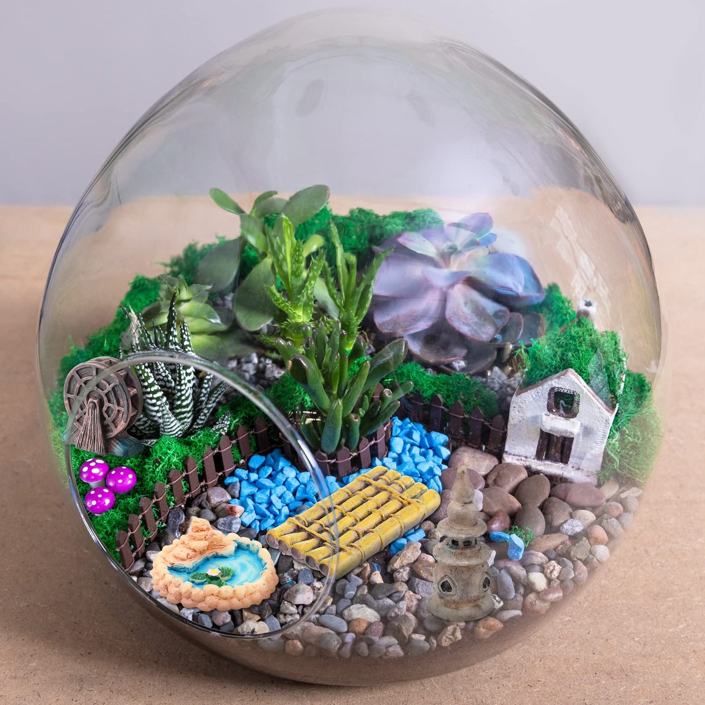 Meooeck 24 Pcs Miniature Garden Accessories Mini Fairy Bridge Figurines Pond Garden Decor Micro Landscape Lighthouse Water Well Ornament for Yard DIY Craft Dollhouse