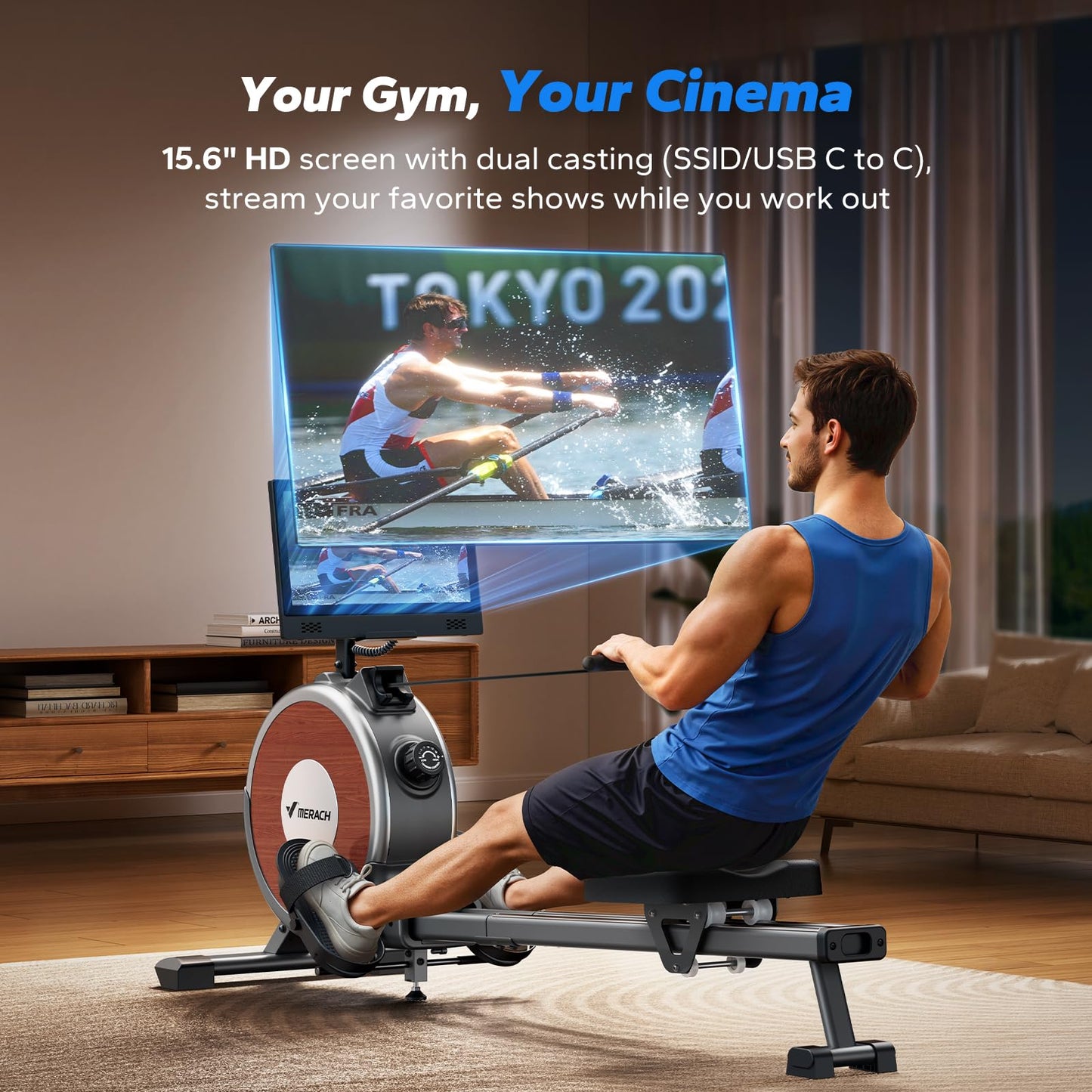 MERACH Rowing Machine with 15.6" HD Rotating Screen, Magnetic Rowing Machines for Home, 16 Levels Rower Machine of Quiet Resistance, Dual Slide Rail with Max 350lbs Weight Capacity, App Compatible