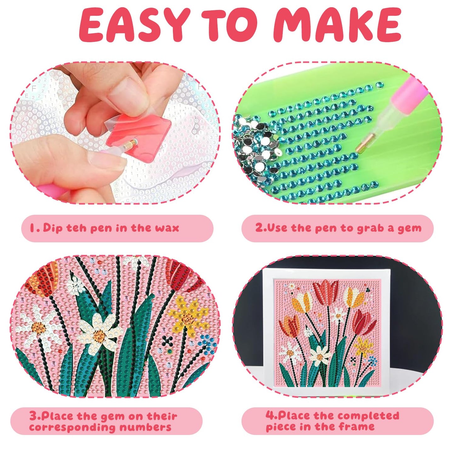 Pxzcrypha Flowers Diamond Art Kits for Kids with Frame,Flowers Diamond Art Painting for Kids, Gem Art Kits for Kids 8-12 for Gift Home Wall Decor (7x7inch)