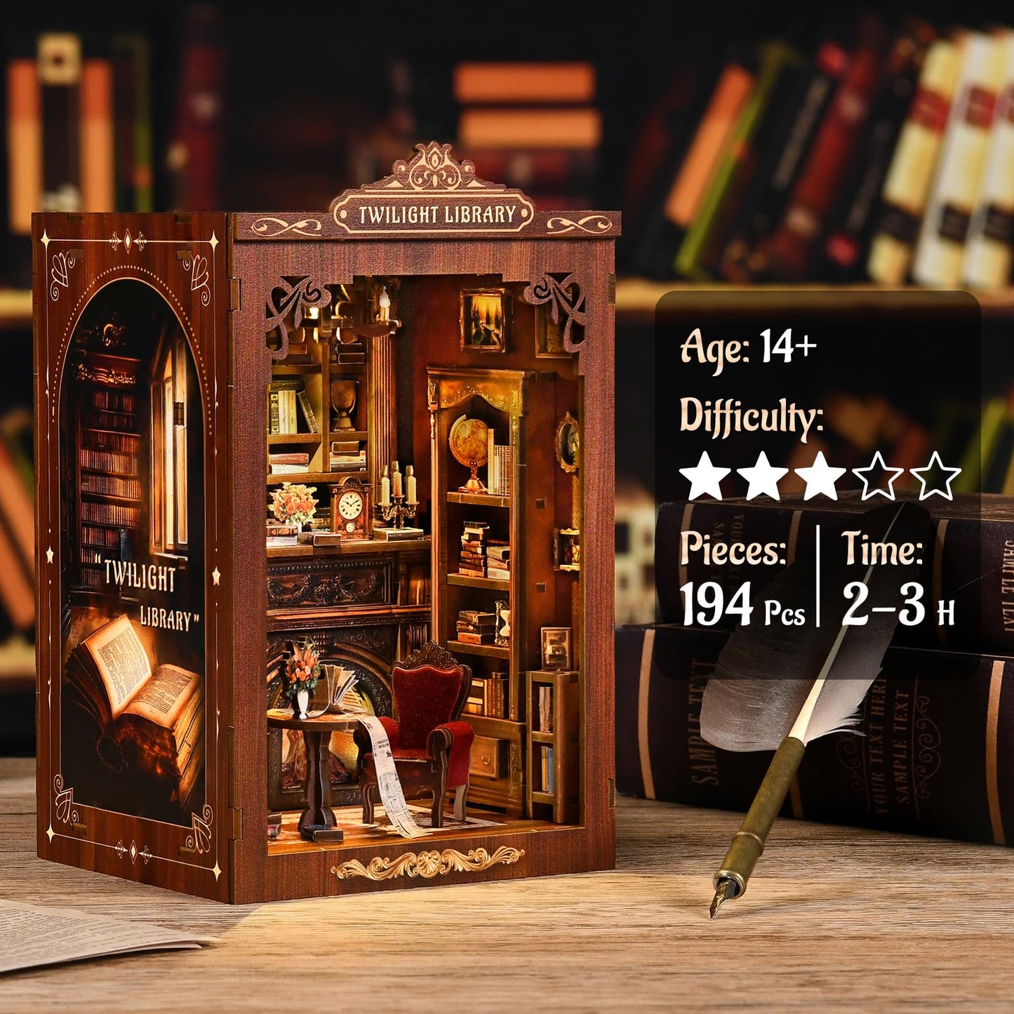 KERNOWO Book Nook Kit, DIY 3D Wooden Puzzles for Adults, Teens and Beginners, Miniature Tiny House Kit for Bookshelf Decor, Bookish Gift for Family, Friends, Book Lovers (Library)