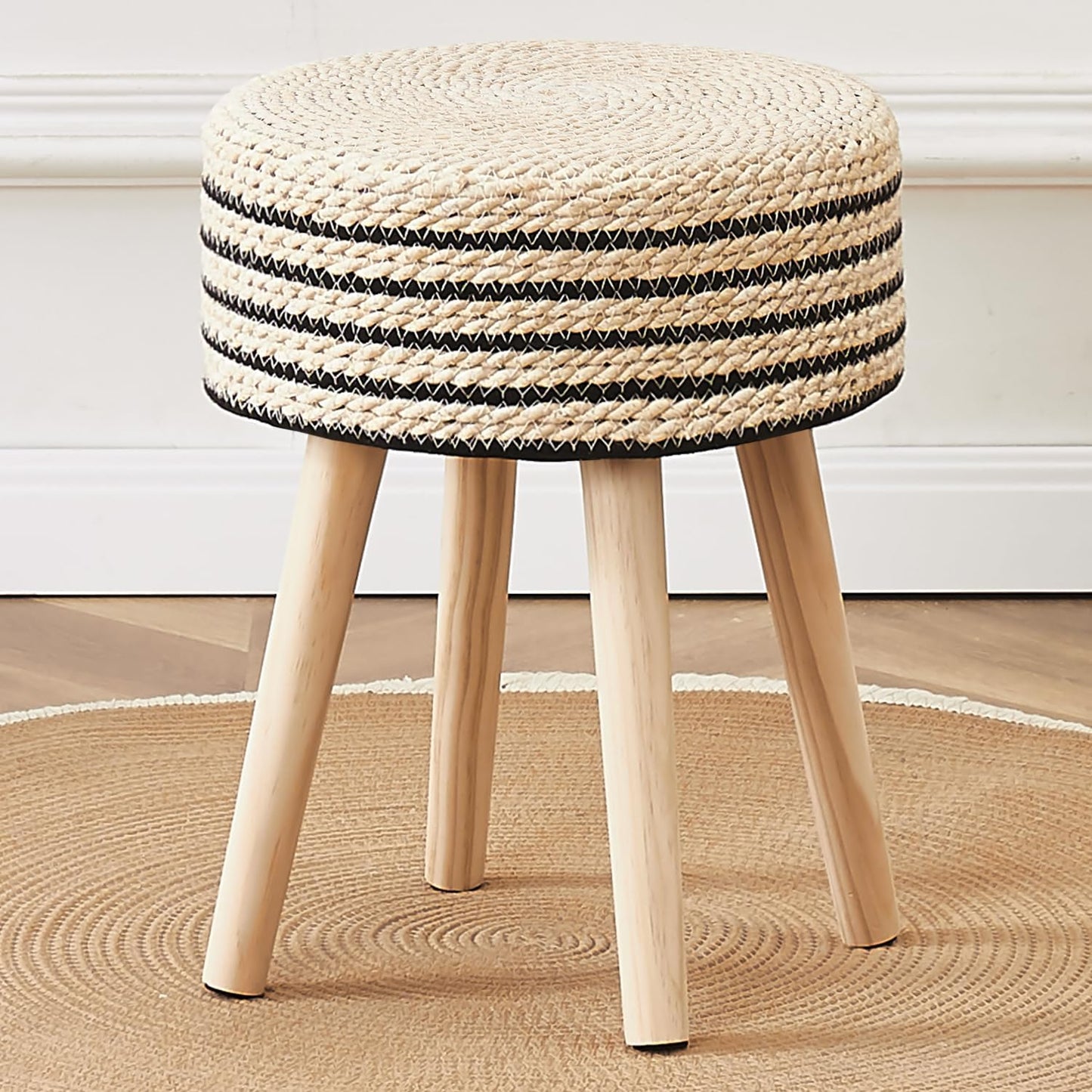 Cpintltr Round Ottoman Footstool Natural Seagrass Foot Stool Pouf Ottomans with Solid Wood Legs Hand Weave Hyacinth