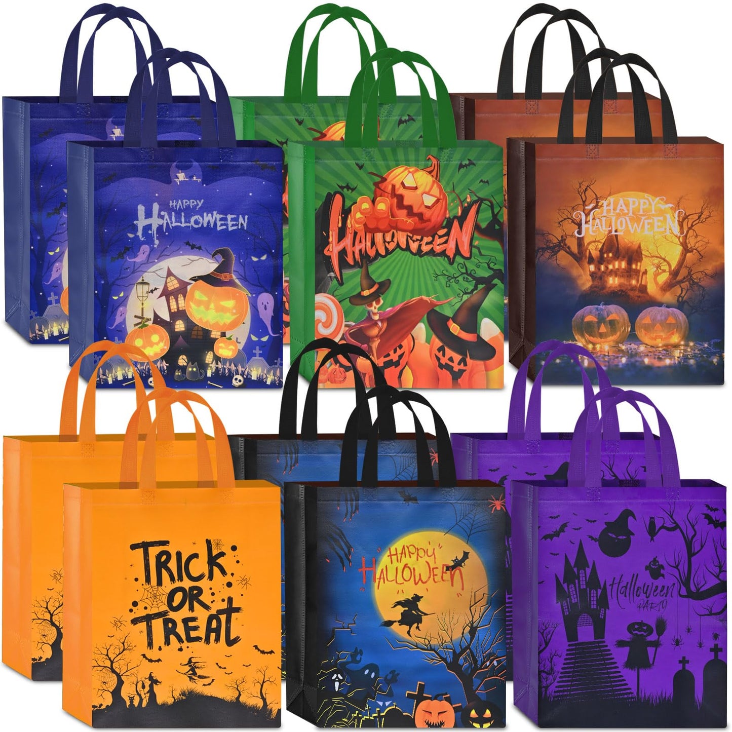 AhfuLife 12 Pcs Halloween Trick or Treat Bags, Large Candy Tote Bags with Handles, Reusable Non-Woven Gift Bag for Halloween Party Supplies Favors (15×11.8×3.9’’)