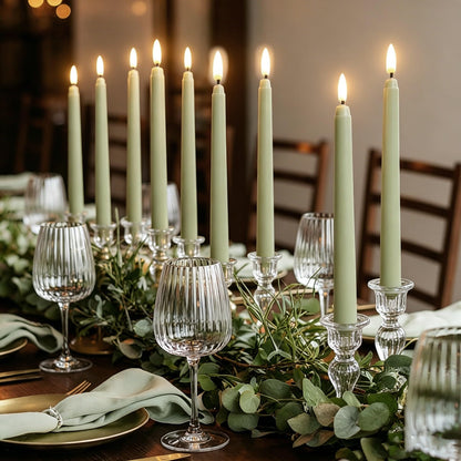 Ni-JASW Sage Green Flameless Taper Candles with Remote, Flickering Battery Operated LED Candlesticks Home Decor Set of 4