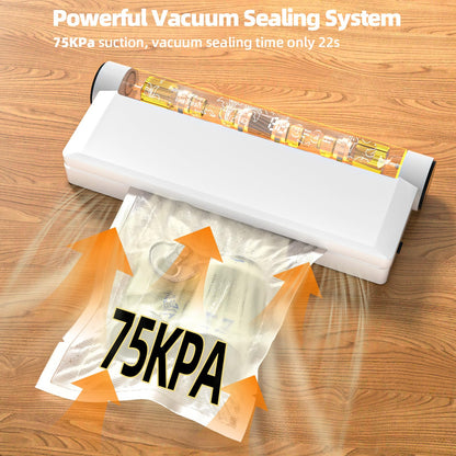 Food Storage Vacuum Sealer Machine, 75KPA Strong Suction, Dry/Wet Modes, 20 Vacuum Seal Bags for Food, Digital Countdown Timer, Compact Lightweight, Ideal for Home Kitchen Use