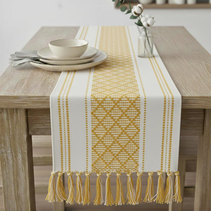 14 90 Inches, Boho Table Runner with Tassels x Yellow & Cream | Woven Washable Console Table / Dresser Runner