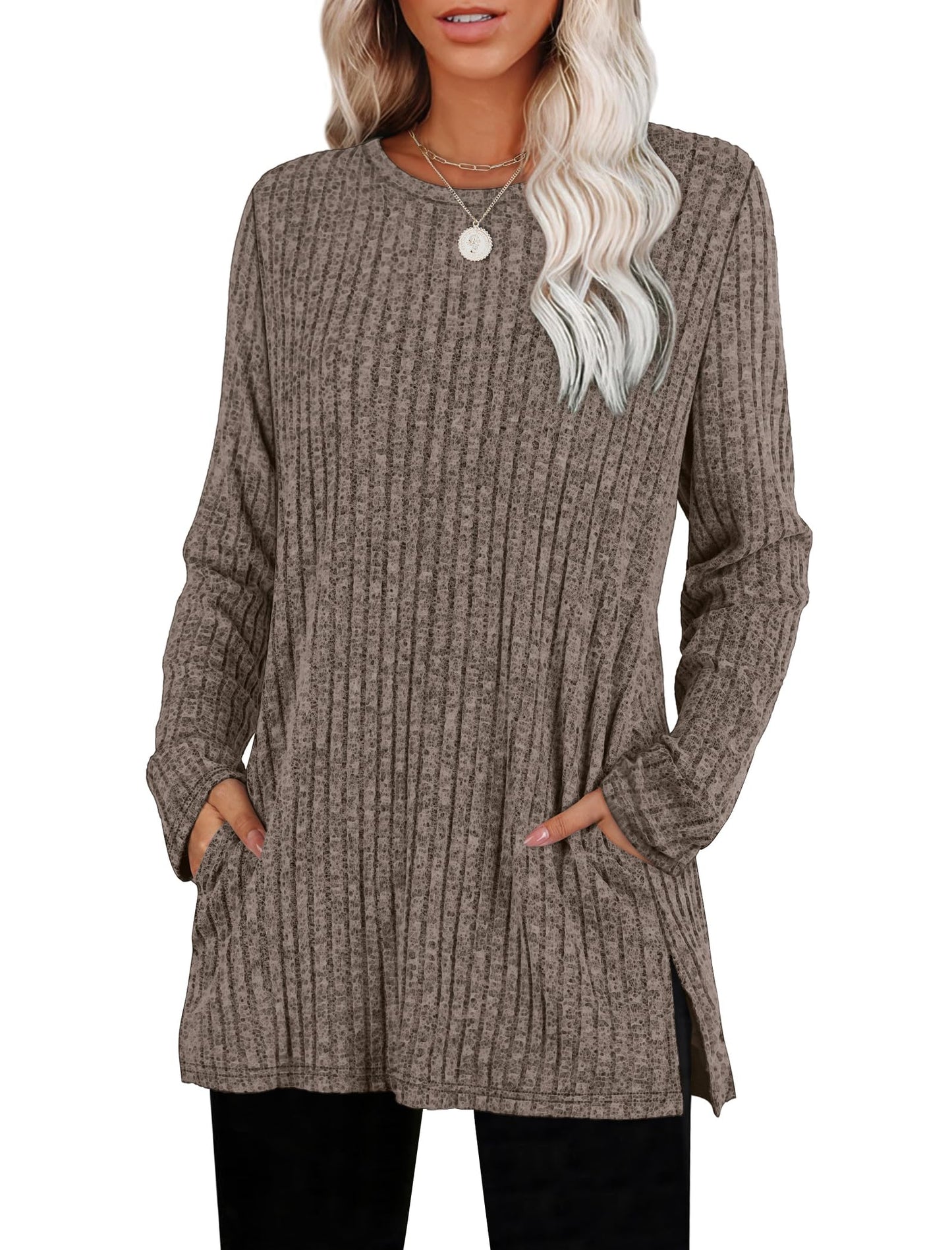 SAMPEEL Womens Sweaters Crewneck Long Sleeve Shirts with Pockets Fall Outfits 2025 Fashion Winter Clothing Side Slit