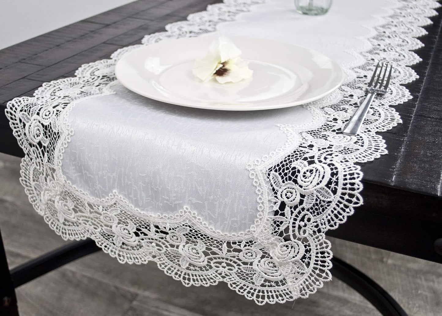 White Royal Rose European Antique Lace Jacquard Table Runner, Dresser Scarf (16Wx36L)