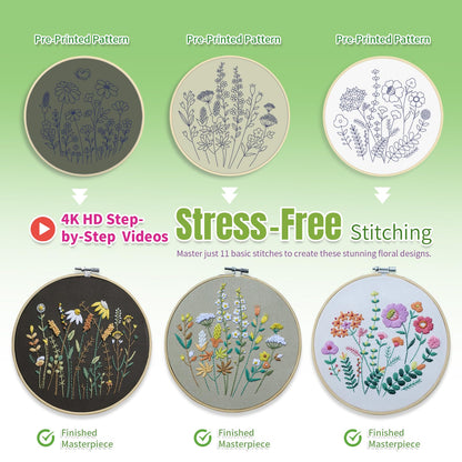ETSPIL Beginner Embroidery Kit for Adults, 4K HD Video Tutorials, Pre-Printed Botanical Floral Designs, Essential Stitches & Bound Guide, Relaxing Screen-Free Activity for Women at Home