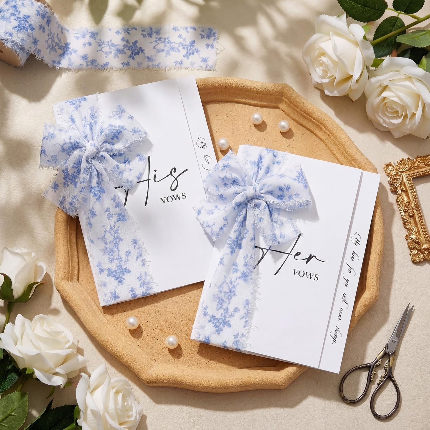 Gilprop Spring Chiffon Ribbon 1.5 Inch x 21 Yards Blue Floral Wired Ribbons Frayed Edges Ribbons for Wrapping Gift Crafts Wreath Bow Making Wedding Party Decoration