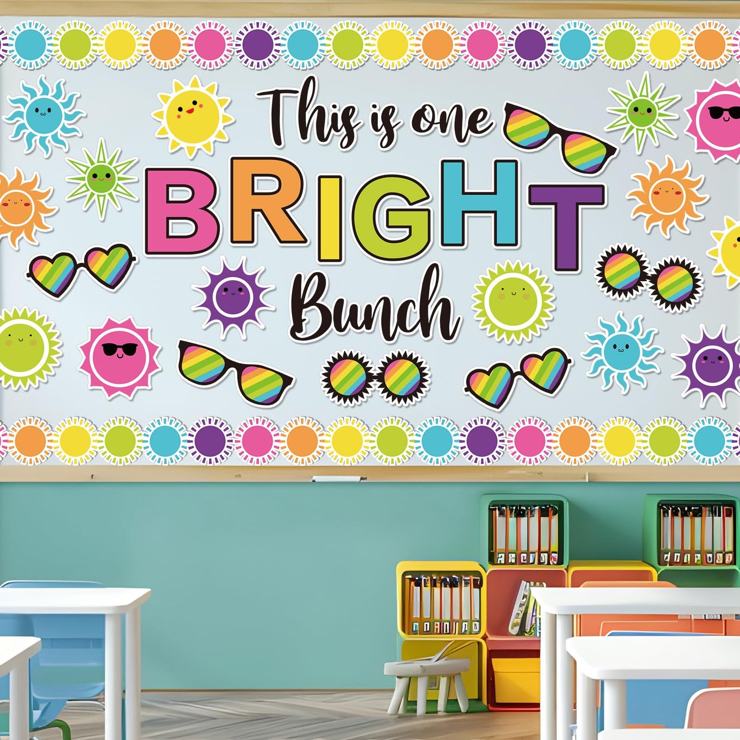78 Pcs Summer Sun Bulletin Board Decoration Set This is One Bright Bunch Cut-Outs Tropical Sun Sunshine Sunglasses Paper Cutouts with 150 Pcs Glue Points for Hawaiian Party Classroom