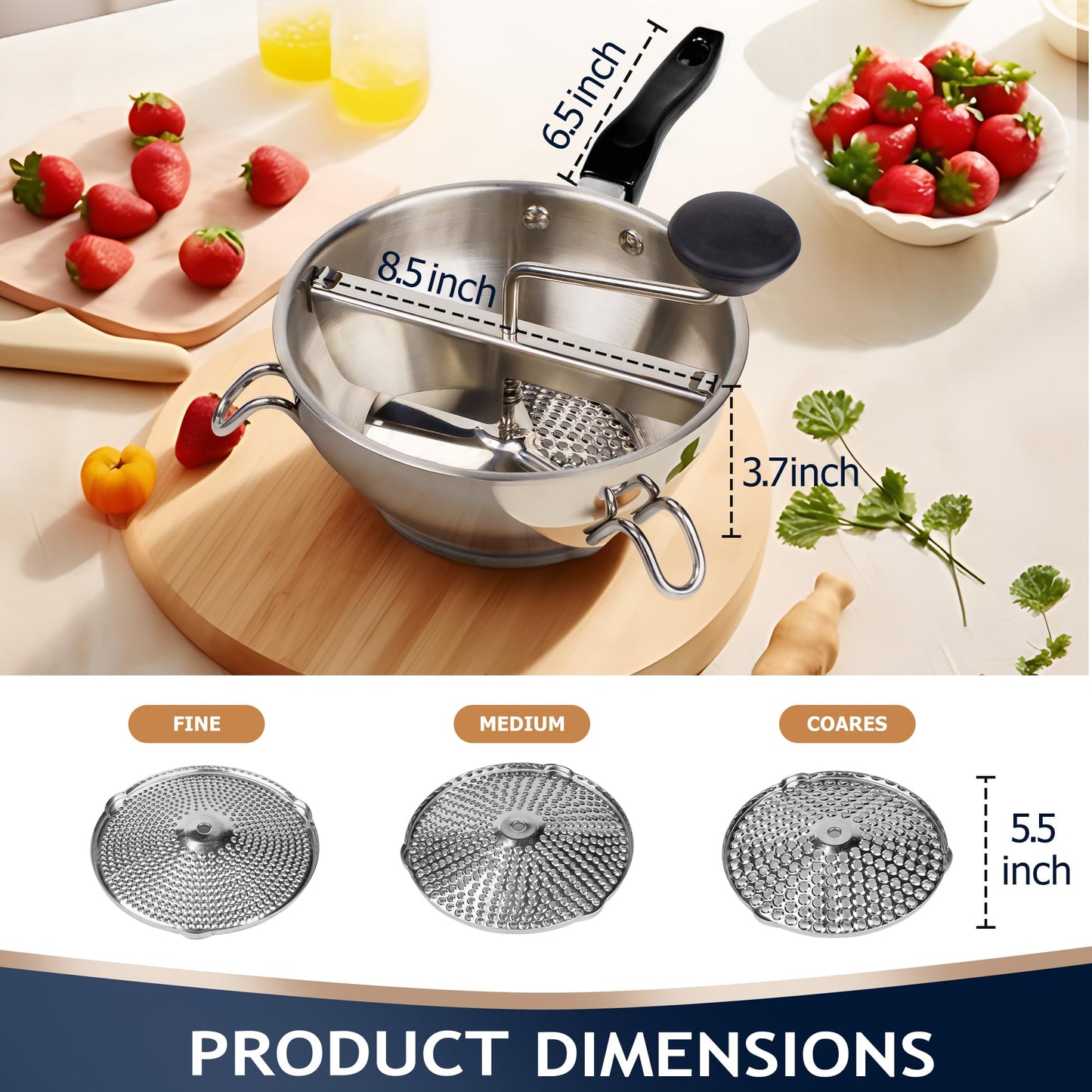 Food Mill Stainless Steel With 3 Grinding Discs and Complete Canning Supplies Starter Kit of 8-Includes Tongs, Jar Lifter, Wrench, Lid Lifter, measurer,Funnel,Labels,Multifunctional Spoon(DM-BL-GR)