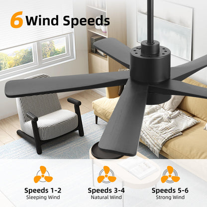 WINGBO 48 Inch DC Ceiling Fan with Lights and Remote Control, 5 Carved Solid Wood Blades, 6-Speed Noiseless Reversible DC Motor, Indoor Ceiling Fan in Matte Black Finish with Black Blades