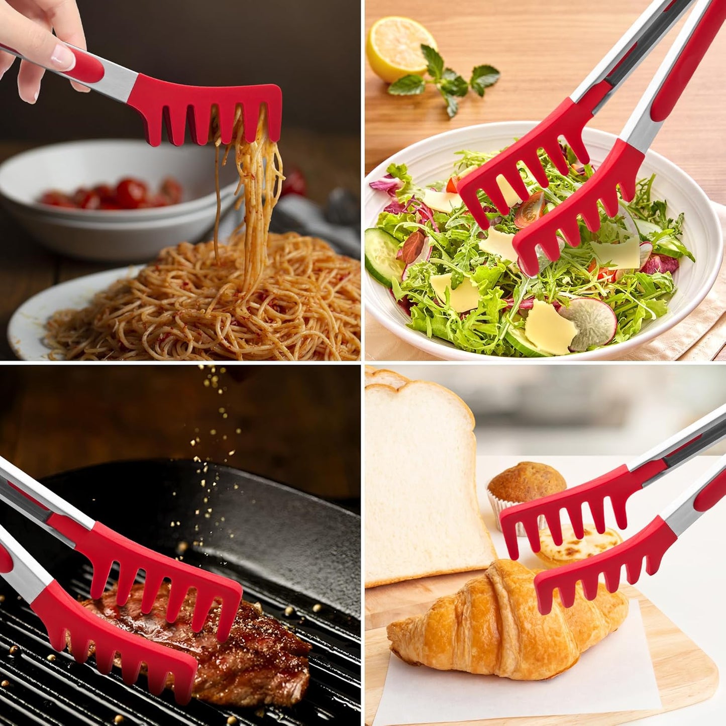 2 9-Inch 12-Inch PCS Pasta Tong Spaghetti Tongs, & Heat Resistant Silicone Pasta Tongs Spaghetti Server With Teeth