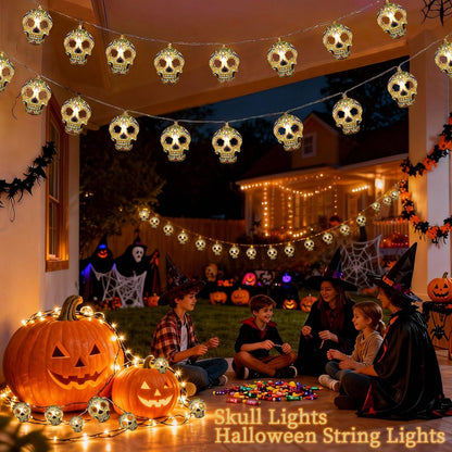 Skull String Lights, 15FT Halloween Lights 30 LED Skull Lights Warm White Halloween & Day of the Dead String Lights with Battery & USB Powered 2 Lighting Modes IP42 Waterproof for Indoor Outdoor Decor
