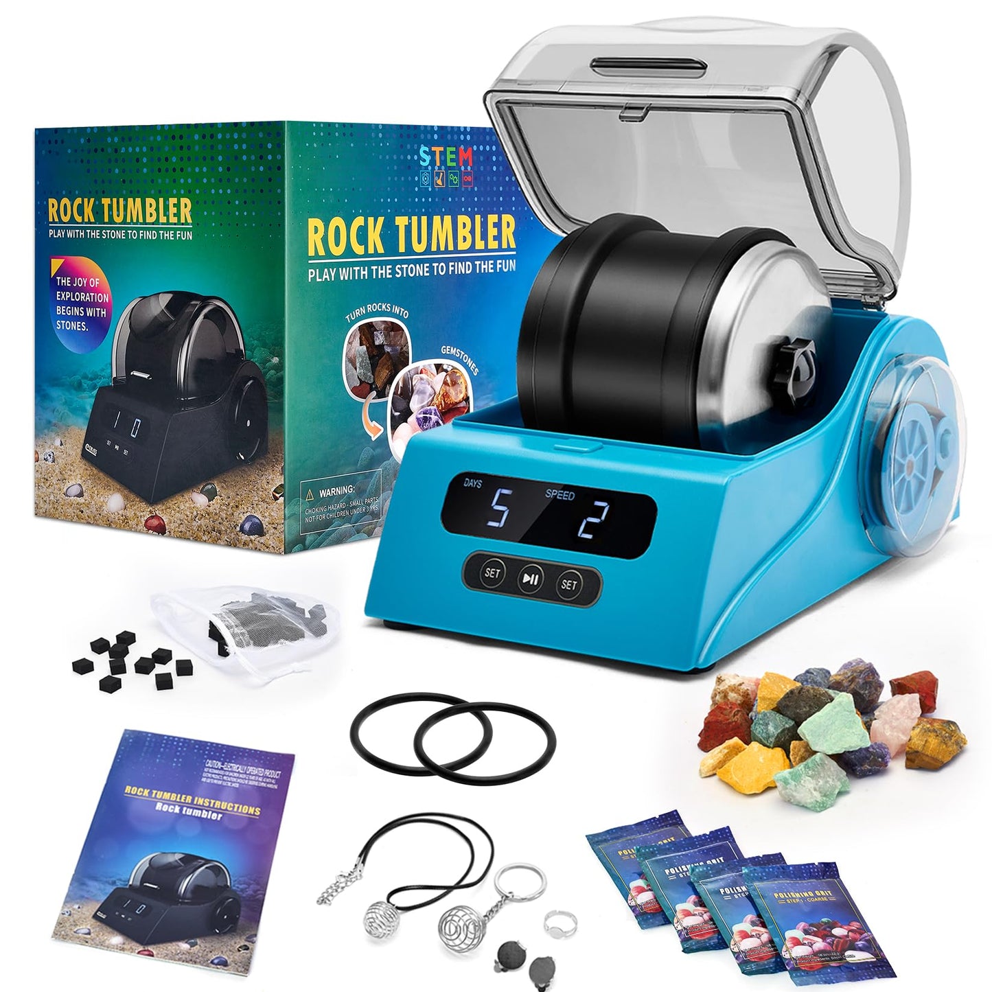 Rock Tumbler Kit Adults - Rock Polisher Tumbler with Noise Reduction Cover, Speed&Timer Control, Includes 4 Polishing Grits, Rough Gemstones, Learning Guide etc.（Blue）