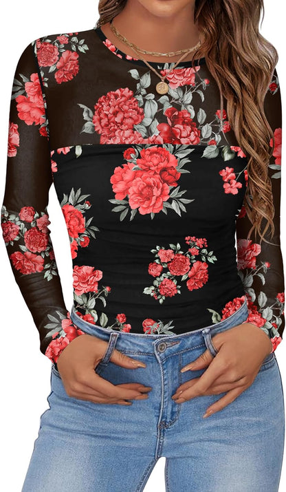 Zeagoo Long Sleeve Shirts for Women Sheer Mesh Sexy Blouses Fall Fashion Crewneck Going Out Tops
