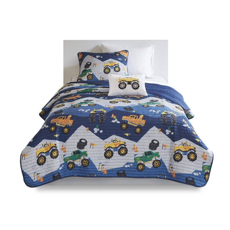 Intelligent Design Kids Nash Reversible Quilt Set, Vibrant Fun Design, Lightweight All Season Children Bedding, Coverlet Bedspread, Boys Bedroom Décor, Full/Queen, Big Wheel Monster Trucks 4 Piece