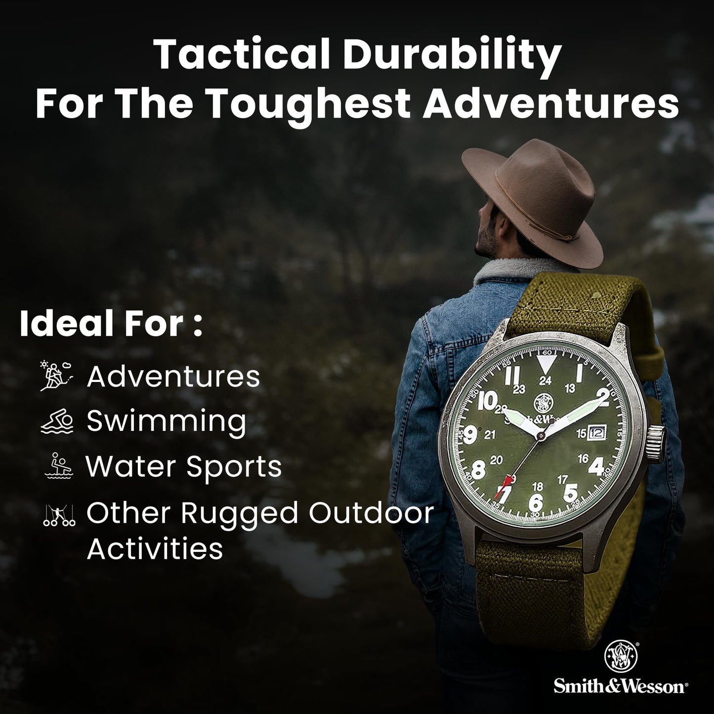 Smith & Wesson Men's Military Watch, 3 Interchangeable Canvas Straps, 3 ATM Water Resistant, Date Display, Scratch Resistant Glass, Military Style Watch for Outdoor Activities, Swimming, 40 mm