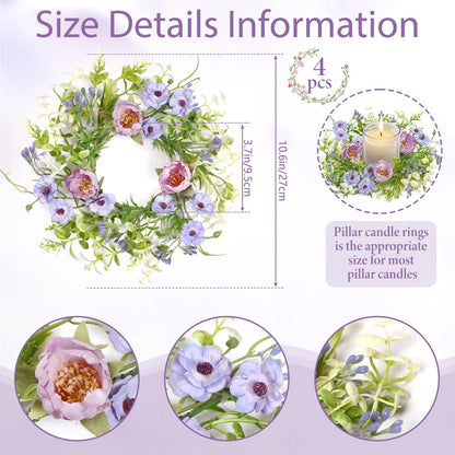 KHOYIME Floral Candle Rings Wreath 4PCS Small Spring Summer Purple Artificial Flowers Greenery Wreaths for Pillars, Mini Candle Holder Kitchen Cabinets Table Centerpieces Wedding Party Farmhouse Decor