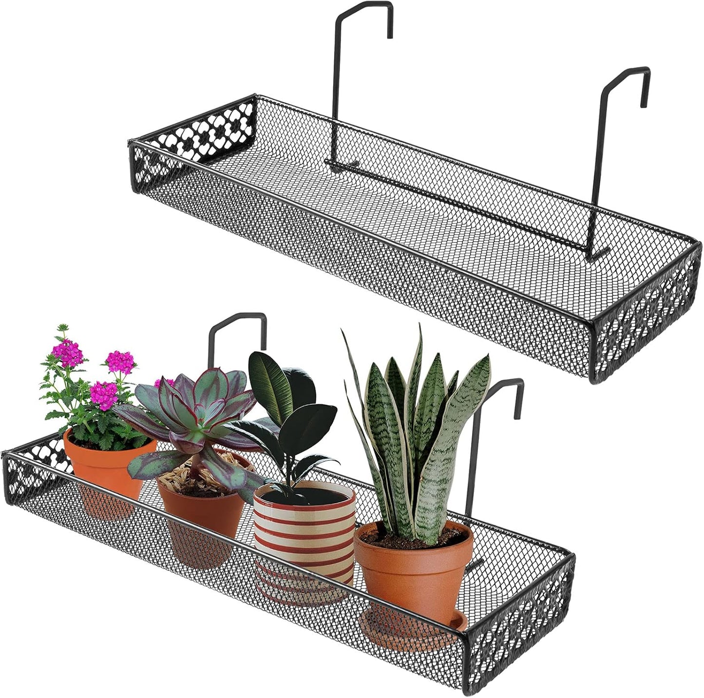 OBANGONG 2 PCS Iron Hanging Railing Planter Shelf Basket with Hooks,Balcony Plant Pot Shelf Holder Fence Flower Stand