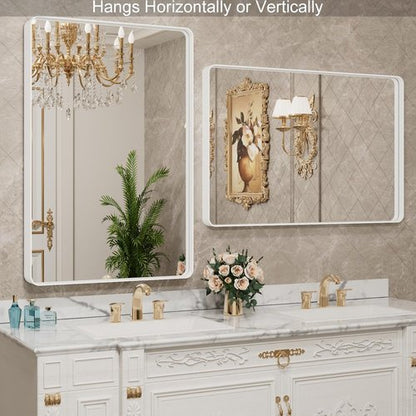 LOAAO Bathroom Mirror - 28x36 Inch White Metal Framed | Large Rounded Rectangle, Anti-Rust, Versatile Hanging