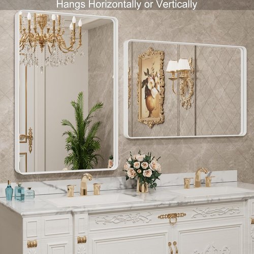 LOAAO Bathroom Mirror - 48x32 Inch White Metal Framed Vanity Mirror | Large Rounded Rectangle, Anti-Rust Tempered Glass, Versatile Hanging Options