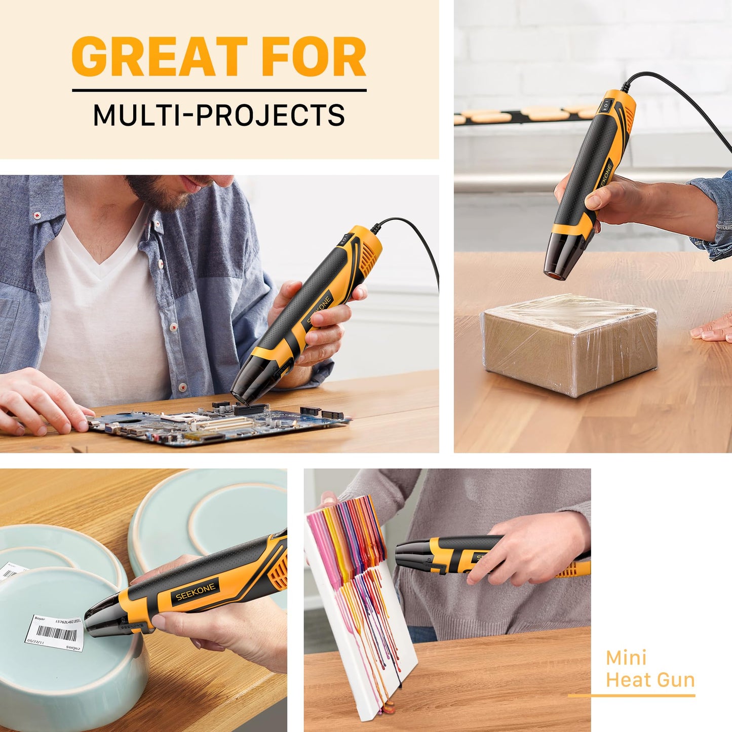 SEEKONE Mini Heat Gun, 350W 2-Temp Settings 500℉ & 842℉（260℃& 450℃） Fast Heat Hot Air Gun Tool with Reflector Nozzle and 4.9Ft Long Cable Overload Protection for Crafting, Vinyl Wrap and Shrink Tubing