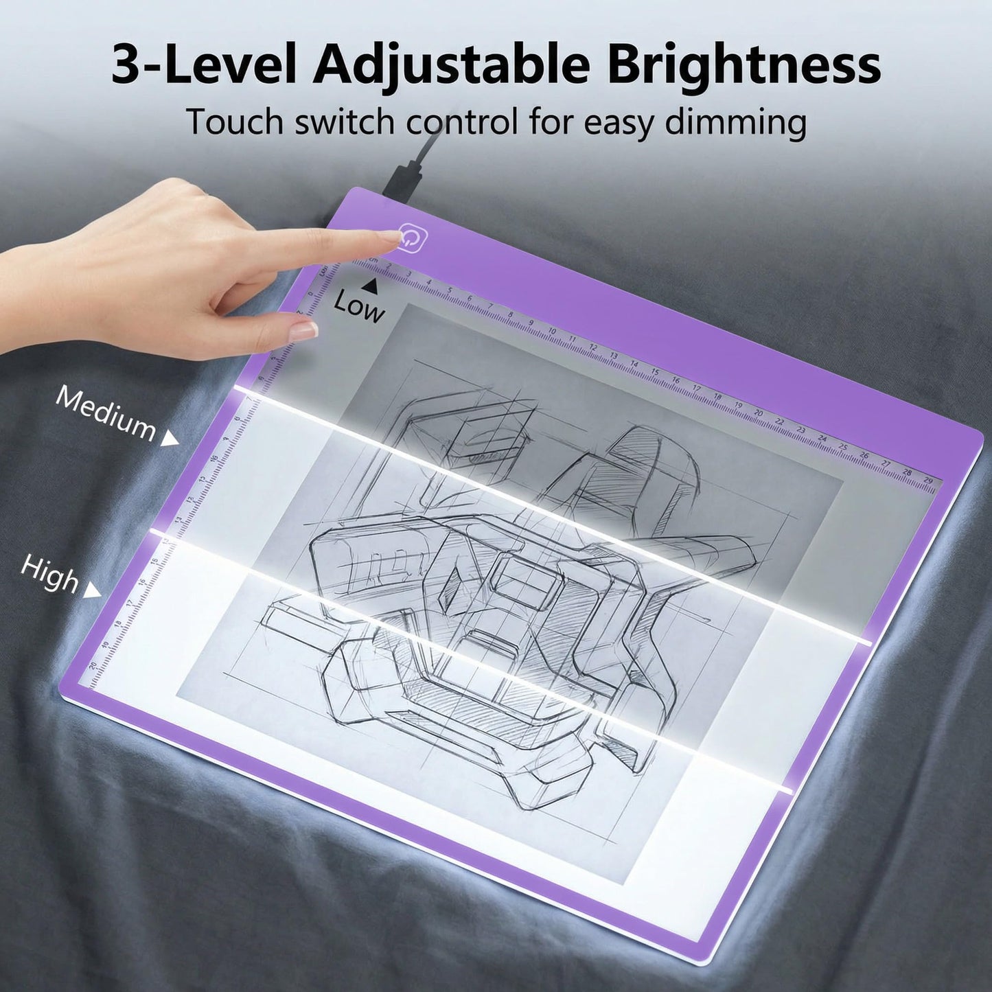 A4 Ultra-Thin LED Light Pad with Scale - 5000 Lux Stepless Dimmer Light Box for Diamond Painting, Tracing & Sketching - USB Powered Portable Light Table for Artists, Tattoos & Animation - Purple