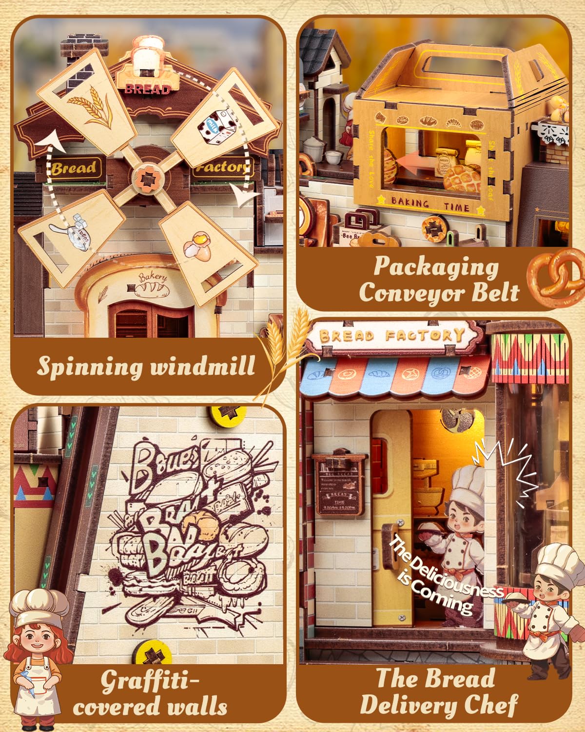 CUTEBEE 3D Wooden Puzzles for Adults - Bread Factory Bakery 576pcs Wooden Mechanical Model DIY Building Kit with Music and Lights, Bookshelf Decor, DIY Craft Gifts for Adults（Bread Factory）