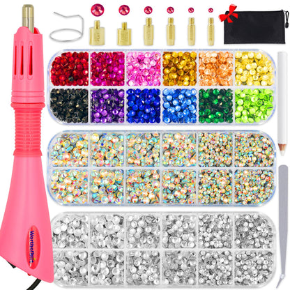 Worthofbest Hotfix Rhinestone Setter, Hot Fix Applicator Tool Bedazzler Kit with rhinestones, Kit, Hot Fixed Wand for Clothes Clothing Fabric Crafts, 5000 Pcs, AB Crystal, Clear, 3 Gems Sizes, Tips
