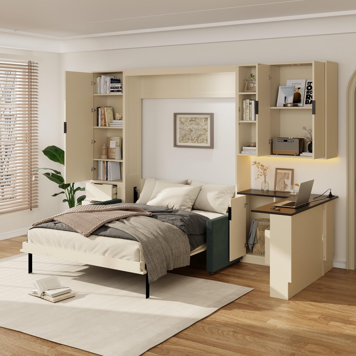 Merax Farmhouse Multi-Functional Murphy Bed with Sofa, Desk & Storage Cabinet,Solid Wood Foldable Wall Bed with/w/USB Charging Station Space Saving/No Box Spring Needed/Queen, Beige + Green