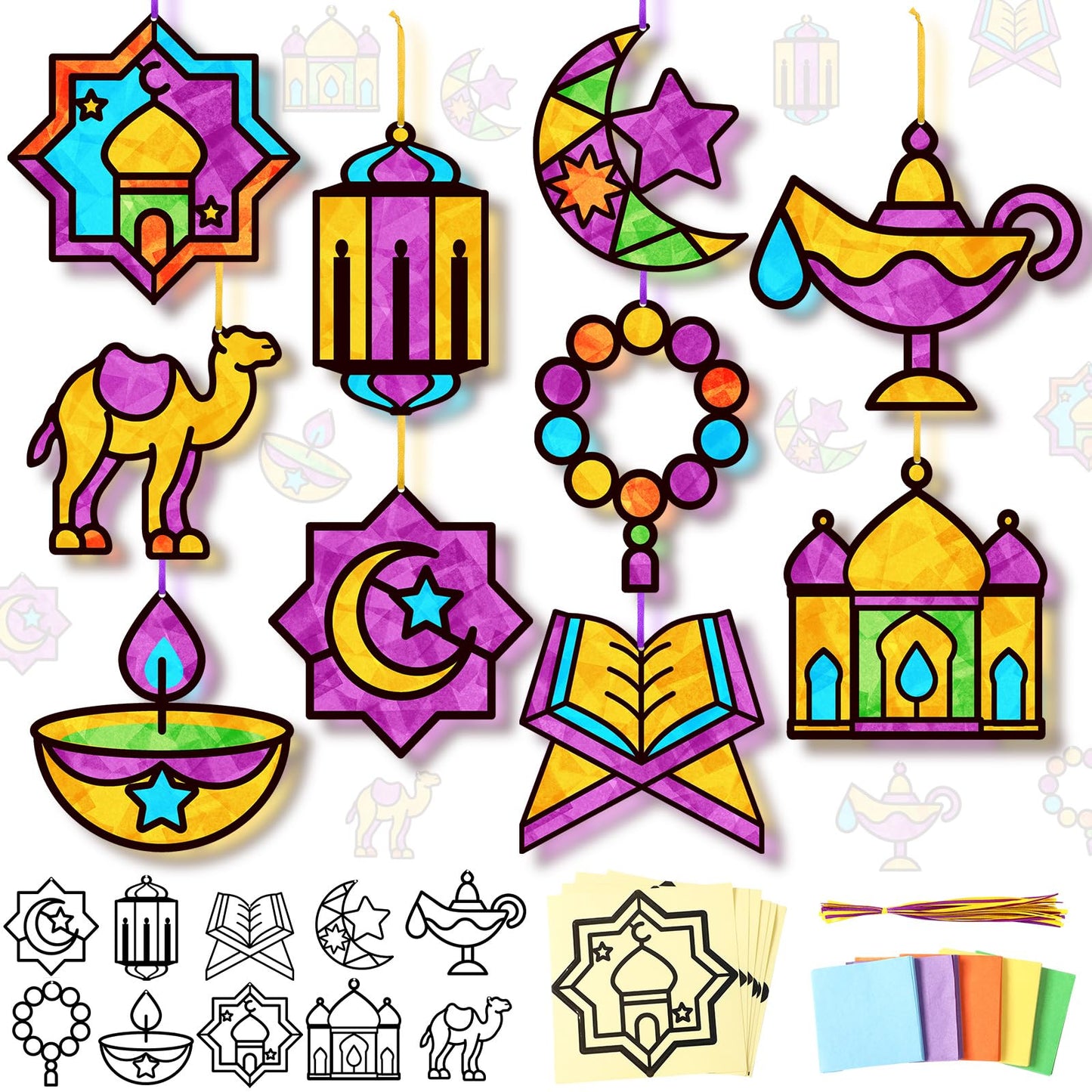 Eersida 32 Pcs Eid Suncatcher Craft Kit for Adults, Ramadan Mubarak Ornaments DIY Stained Glass Effect Paper Window Crafts for Islamic Creative Party Favors Art Projects
