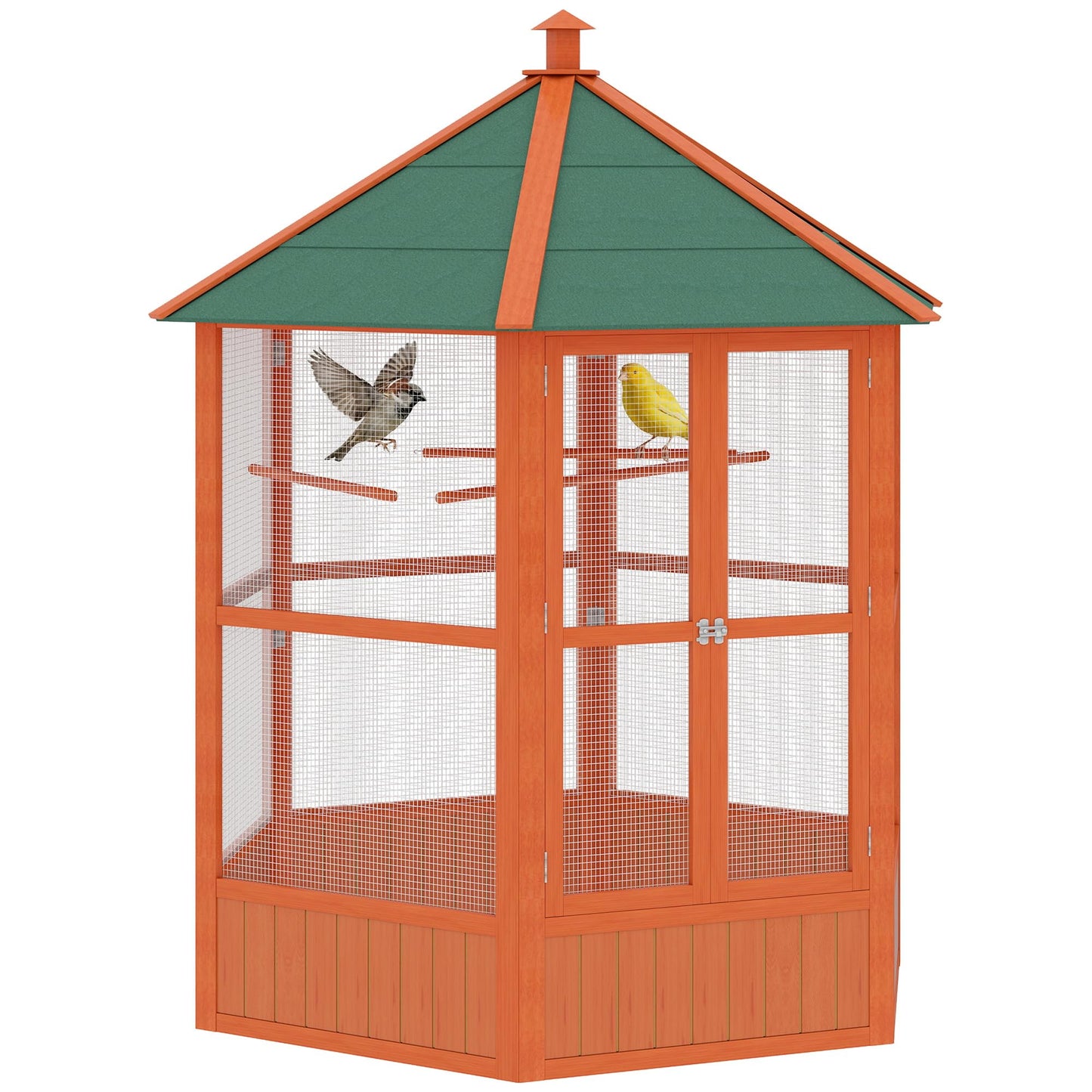 PawHut 69" Large Wooden Hexagonal Outdoor Aviary Flight Bird Cage with Covered Roof, Brown