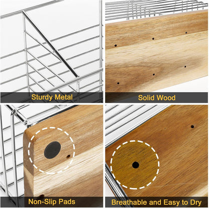 Utensil Holder for Kitchen Counter, Metal Rack for Cooking Tools Storage, Sturdy Base with Drainage Hole (Chrome Wooden)