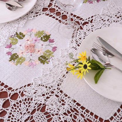 Dresser Scarf Handmade Crochet Cotton Lace Table Runner, Ribbon Embroidery (17 x 56 inches)
