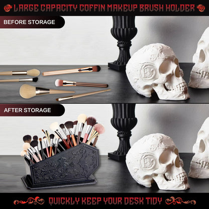 Gothic Coffin Decor Makeup Brush Holder,Spooky Witchy Gifts for Women,Bat Cosmetic Display Cases,Cross Goth Decor Pen Holder, Vanity, Desk, Office Organizer for Christmas Bedroom Bathroom,Black