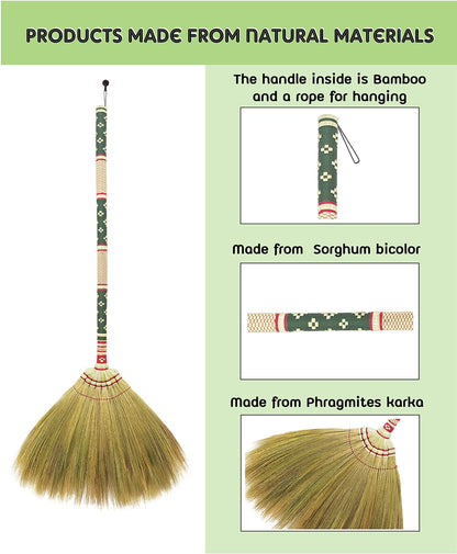 Thai Vintage Retro Grass Broom Stick, Asian Straw for Wedding Jumping, Witch, House, Long With Solid Wood Handle - Primitive Sweeping Dirt Dust Garbage