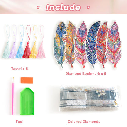 6 Pcs 5D Diamond Painting Art Kit, DIY Acrylic Crystal Diamond Bookmarks with Tassel, Flower & Feather Designs, Handmade Crafts BookMark Gift for Book Lovers, Women & Teenage, Creative Decor