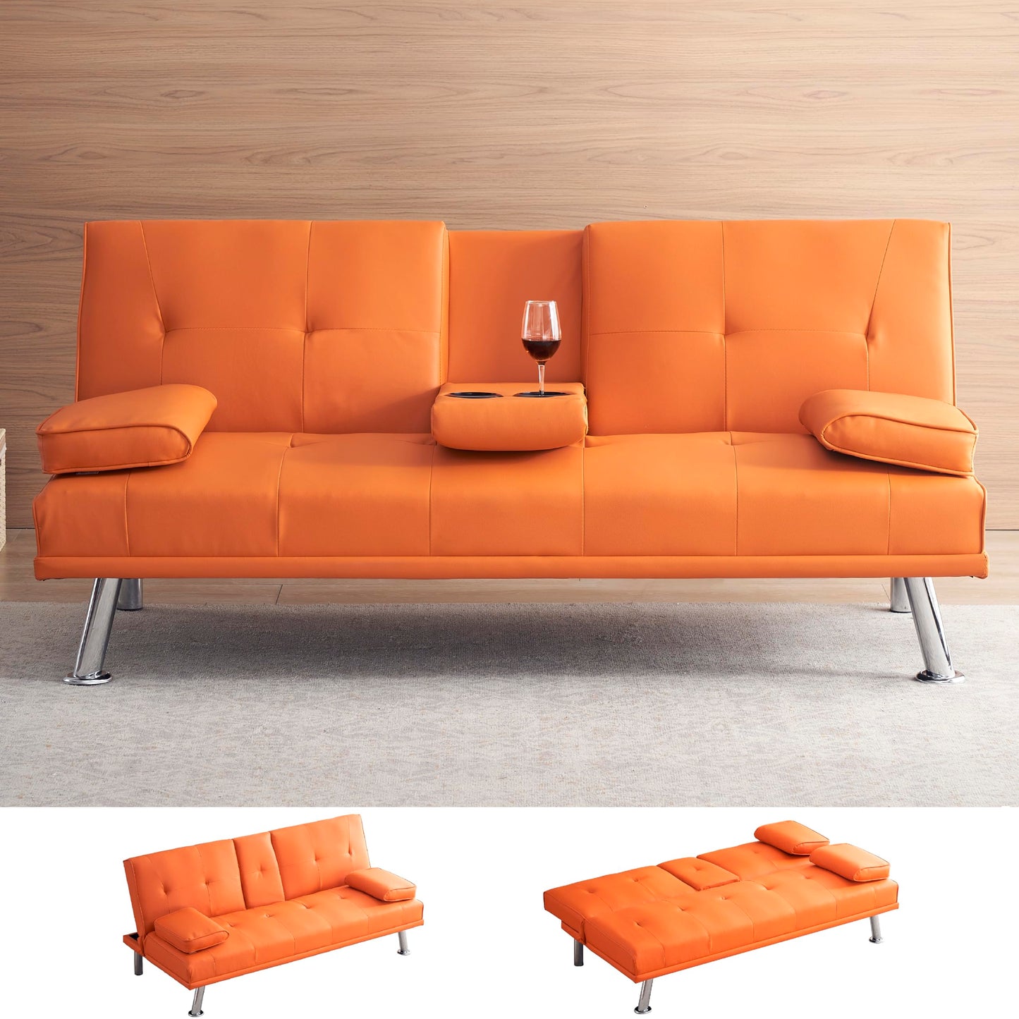 KEIKI 67" Leather Folding Futon Sofa w/Cup Holder & Adjustable Backrest, Mid Century Modern Couch Loveseat Convertible to Sleeper Bed, Comfy Cloud Couch SofaBed for Living Room & Bedroom, Orange