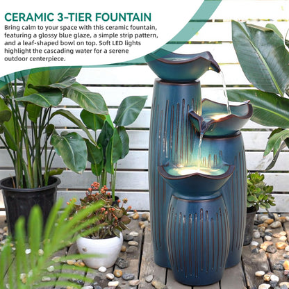 Autodaya 30" H Ceramic Outdoor Water Fountain with LED Lights, 3-Tier Cascading Lotus Bowls Water Feature, Soothing Cascading Waterfall for Garden, Patio, Yard, Turquoise Vertical Striped Texture