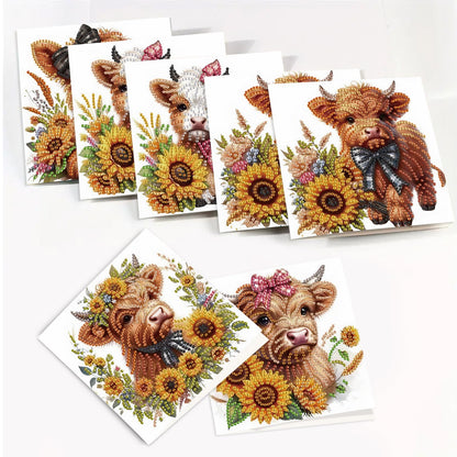 SHEGZHUC 6 Pack Diamond Painting Gift Card Diamond Art Kits for Adults Birthday Wedding Anniversary Greeting Get Well Congratulations Thank You Cards with Envelopes || Cows Sunflowers Animals