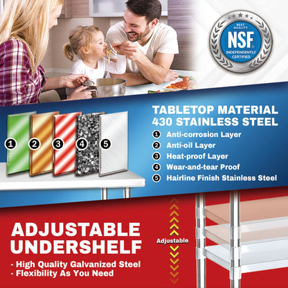 DuraSteel 30x72 Stainless Steel Prep Table - NSF Commercial Kitchen Metal Worktable - Large Laboratory Benches with Under Shelf - For Laundry Room, Kitchen, Garage, Restaurant