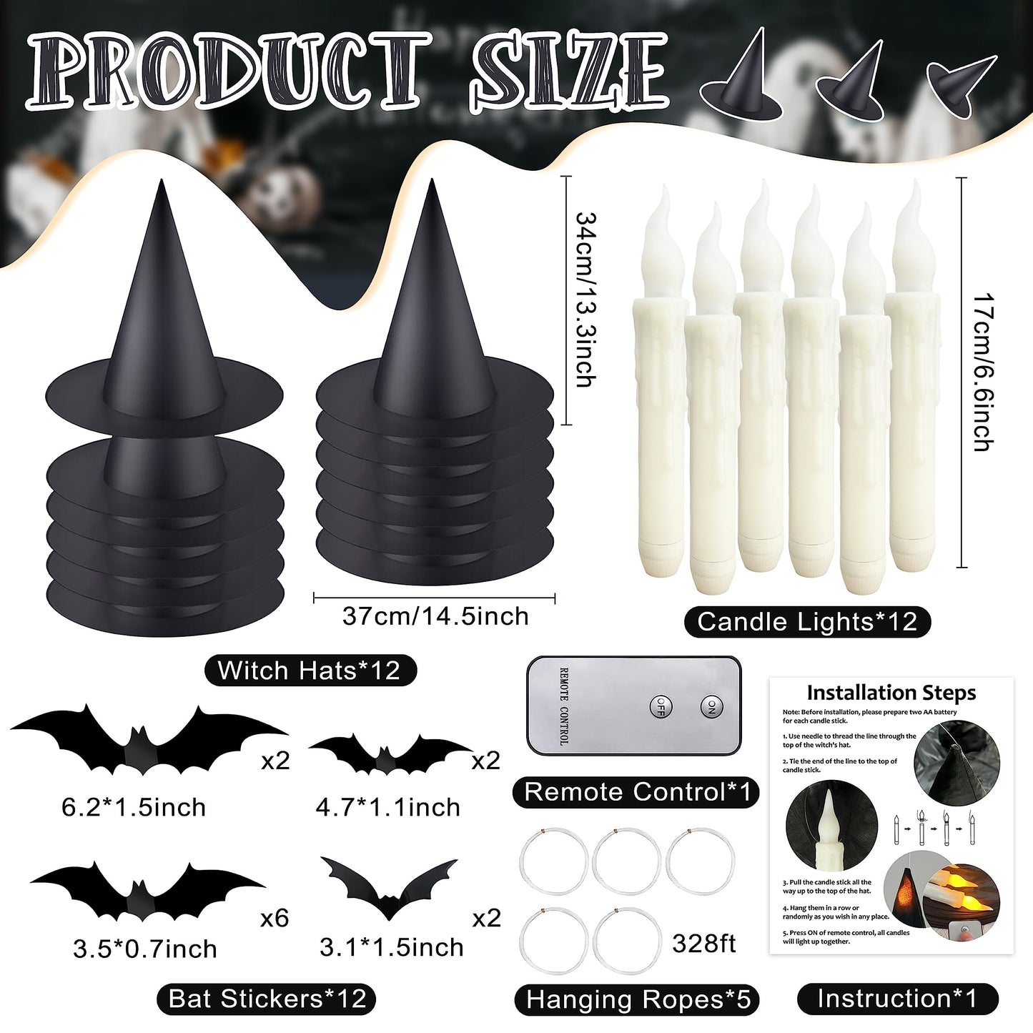 Black Halloween Witch Hat with Light Floating Light Up Witch Hats with Flameless Taper Candles (with Common Remote) 3D Bats Wall Stickers Decorations Witch Costume Accessory for Halloween Party