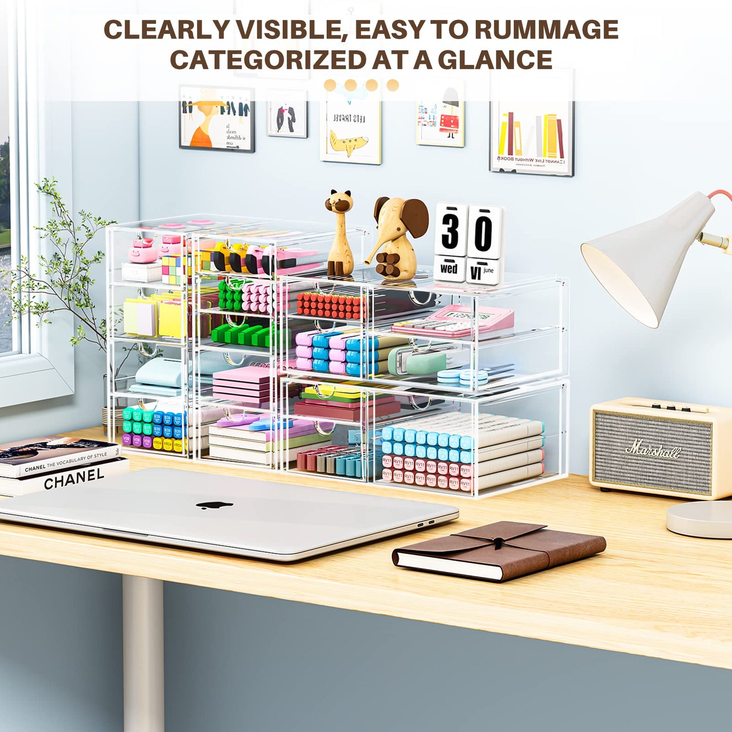 caktraie Makeup Organizer Storage With 16 Drawers, 4 Pcs Desktop Office Supplies, Desk Organizers, Clear Accessories, Dustproof Storage Drawer and for Make Up, Jewelry, Pen, Stationary
