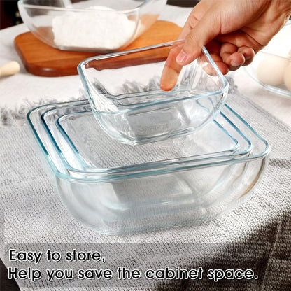 NUTRIUPS Glass Mixing Bowls Set, Microwave Safe Clear Glass Bowls for Mixing, Storing, Preparing, Square Bowl