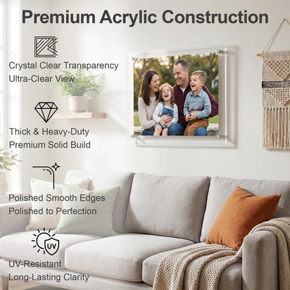 EHWINE 11x14 Acrylic Picture Frame Wall Mount 2 Pack, Floating Frameless Clear Photo Display, Certificate Diploma Poster Document Frame for Home, Office, School, Gallery Decor with Silver Hardware