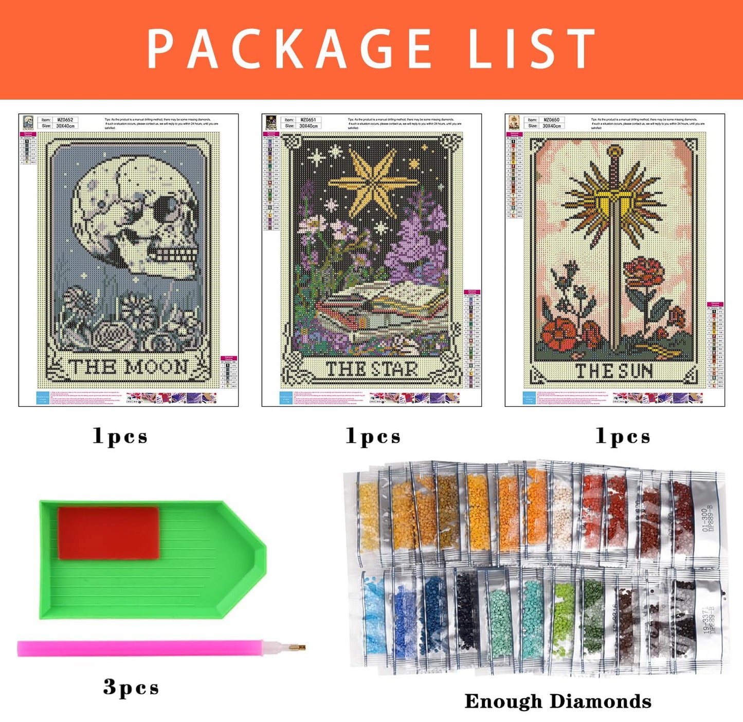 Axquilon 3 Pack Tarot Diamond Art Kits for Adults - Diamond Painting Kits for Adults Beginner, DIY 5D Full Drill Gem Art for Home Wall Decor 12x16 inch